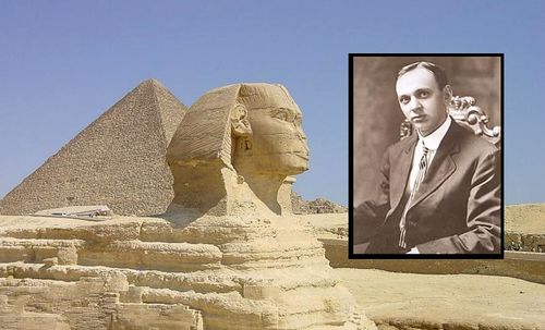 Edgar Cayce pictured next to the Sphinx in the Giza Plateau, where he believed the lost Giza Hall of Records to be. [6]